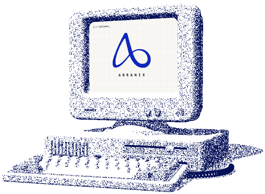 Computadora de los 80 en estarcido, con el logo de Abranix encendido en la pantalla